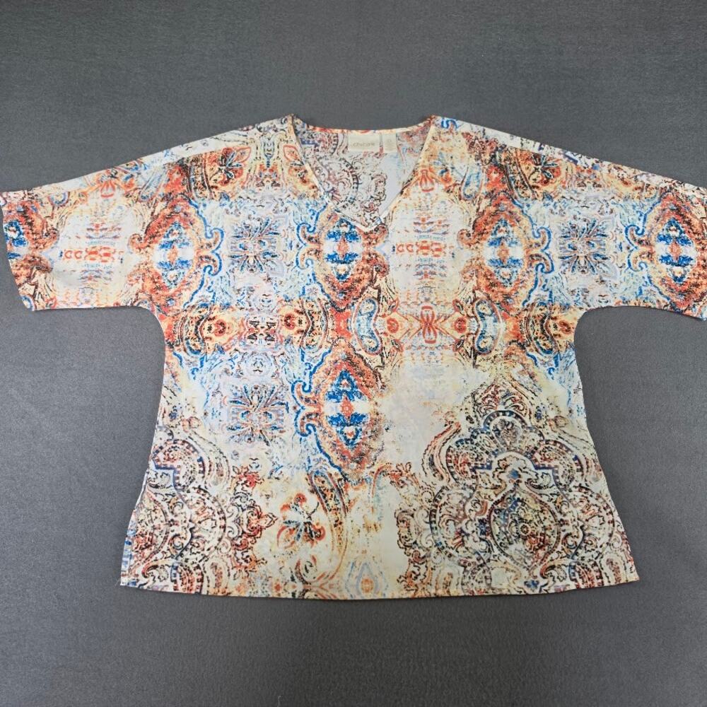 Chico's Paisley Mosaic V-Neck Top Womens Size 0 (US S 4-6) Short Sleeve Multi